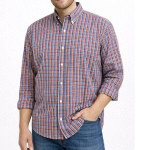 Men's XL Orange Blue Plaid Button Up Shirt Long Sleeve Classic Casual Workwear